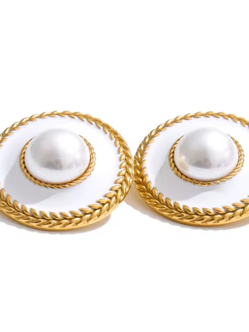 White Pearl Gold Button Earrings - Picture 5 of 9